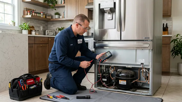 Appliance service technician testing refrigerator compressor and electrical wiring with digital multimeter