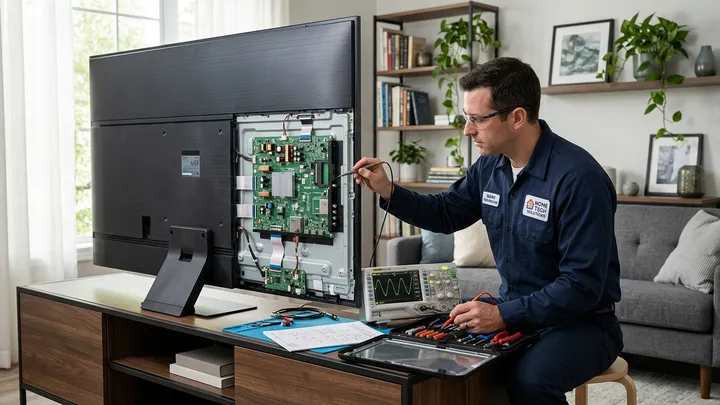 Electronics technician testing circuit board and display panel voltages on a residential flat screen smart TV