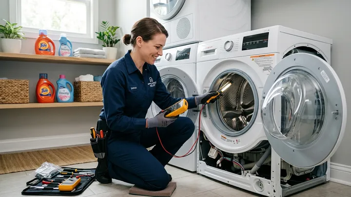 Washing machine service technician testing front load drum assembly and electrical wiring in residential laundry room